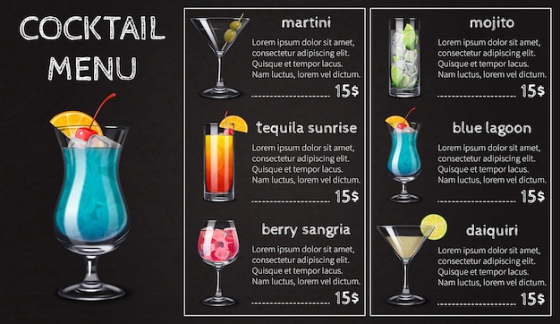 Bezpłatny wektor alkohol pije koktajle skład menu z pustym tłem i edytowalnym tekstem z ceną i kolorowymi obrazami ilustracji wektorowych