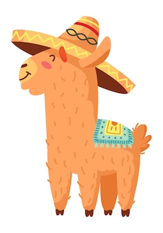 Alpaka kreskówka. śliczna uśmiechnięta lama w meksykańskim kapeluszu na białym tle