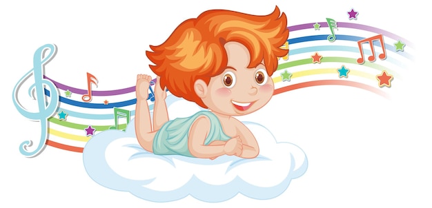 Bezpłatny wektor amorek chłopiec postać na chmurze z symbolami melodii na tęczy