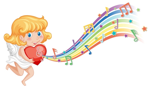 Amorek dziewczyna trzyma serce z symbolami melodii na tęczy