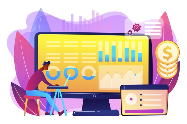Analityk danych konsolidujący informacje finansowe i raporty na komputerze. Zarządzanie danymi finansowymi, oprogramowanie finansowe, koncepcja raportu danych cyfrowych. Jasny żywy fiolet na białym tle ilustracja