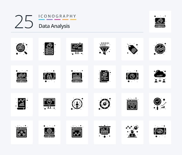 Bezpłatny wektor analiza danych 25 pakietów ikon solid glyph, w tym kodowanie rozwoju danych biznesowych seo