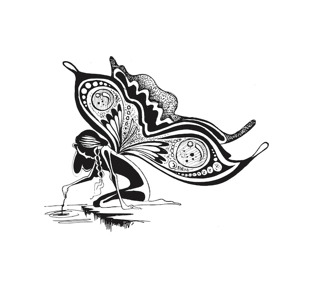 Bezpłatny wektor anioł ze skrzydłami motyla ręcznie rysowane szkic ilustracji wektorowych