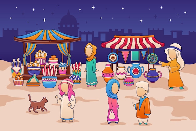 Bezpłatny wektor arabska ilustracja bazaru z kupcami i klientami