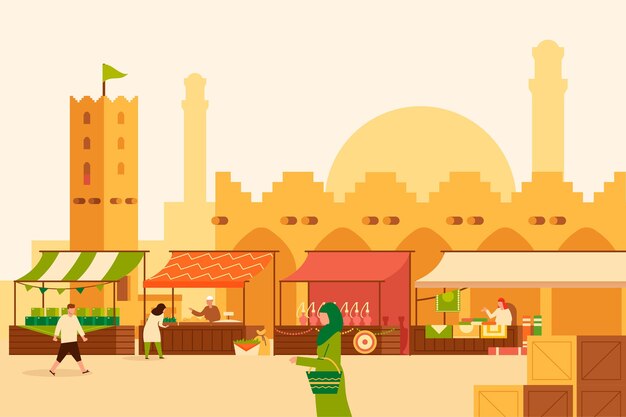 Arabska ilustracja bazaru z kupcami i klientami
