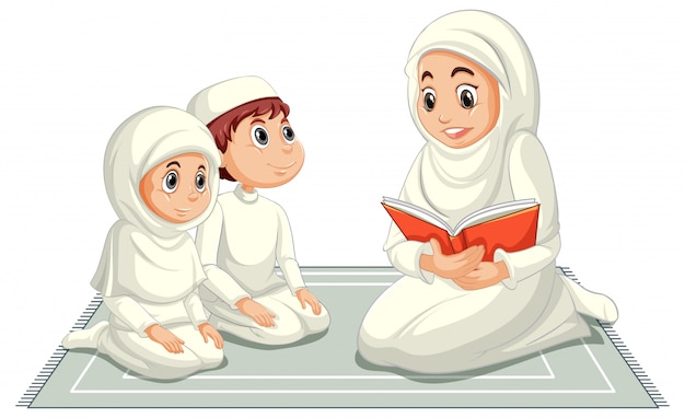 Bezpłatny wektor arabska muzułmańska rodzina w tradycyjnej odzieży w modlenie pozyci odizolowywającej na białym tle