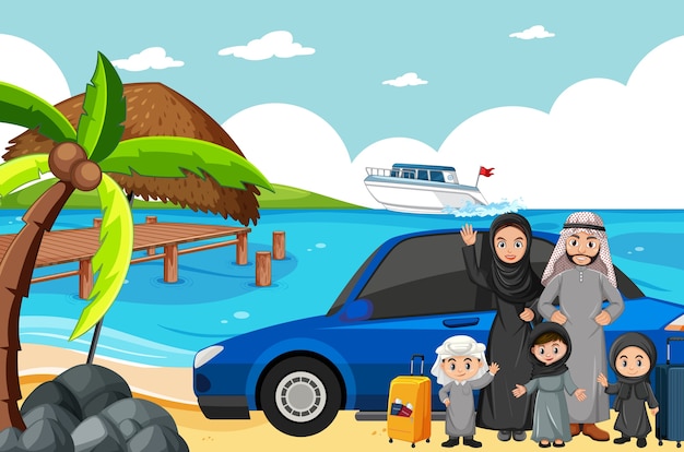Bezpłatny wektor arabska rodzina na wakacjach