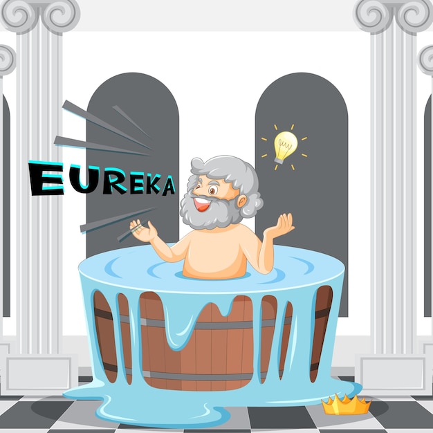 Bezpłatny wektor archimedes w kreskówce w wannie ze słowem eureka