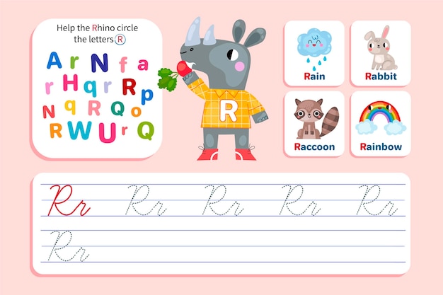 Bezpłatny wektor arkusz roboczy litera r z nosorożcem
