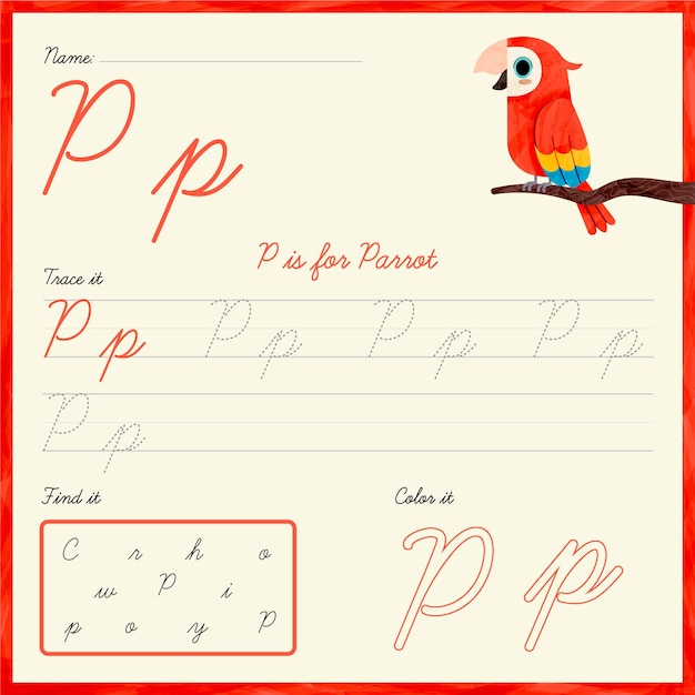 Bezpłatny wektor arkusz roboczy z literą p z papugą