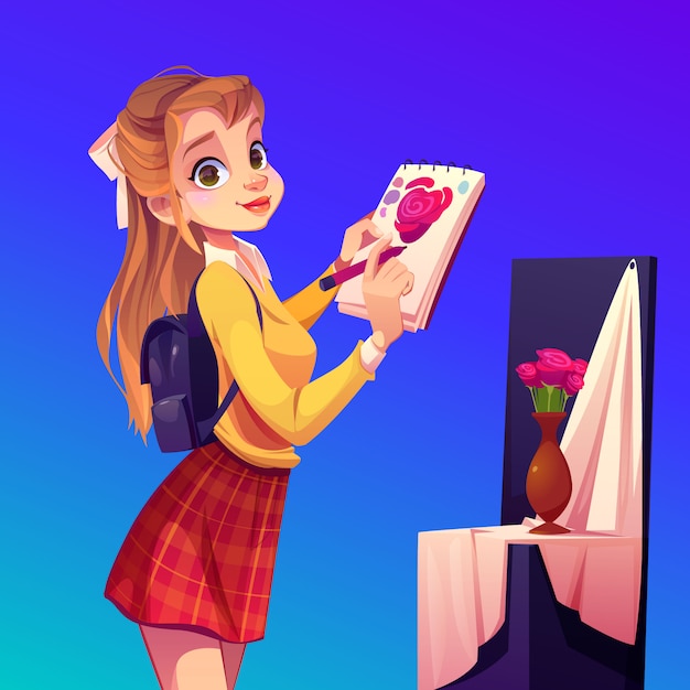 Bezpłatny wektor artysta dziewczyna malować kwiaty w wazonie, studio warsztatowe