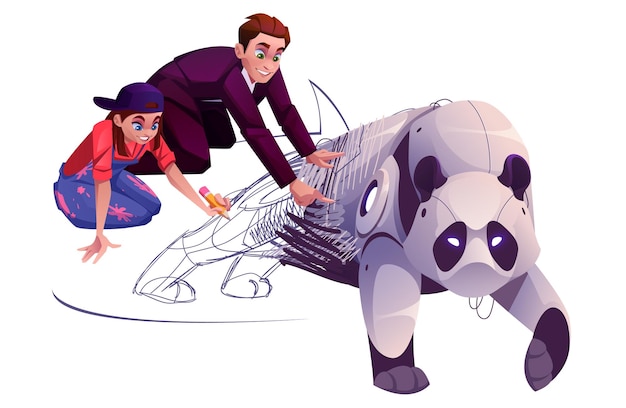 Bezpłatny wektor artystka i biznesmen razem rysują robota pandę, ciesząc się pracą zespołową na rzecz rozwoju biznesu projektant pracuje nad ilustracją zamówioną przez klienta ilustracja wektora kreskówki na białym tle