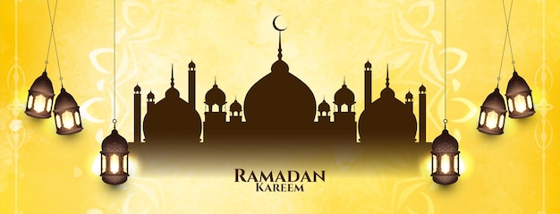 Artystyczny żółty sztandar festiwalu islamskiego Ramadan Kareem