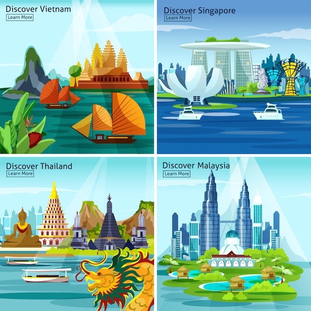 Bezpłatny wektor asian travel 2x2 design concept