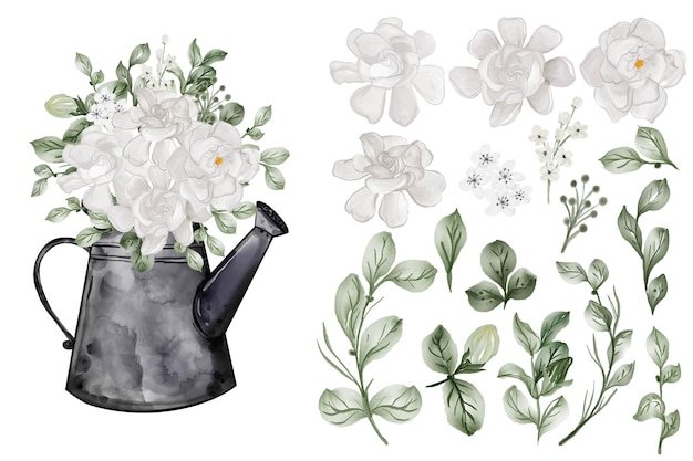 Bezpłatny wektor asortyment liści akwarelowych z białym kwiatem gardenii