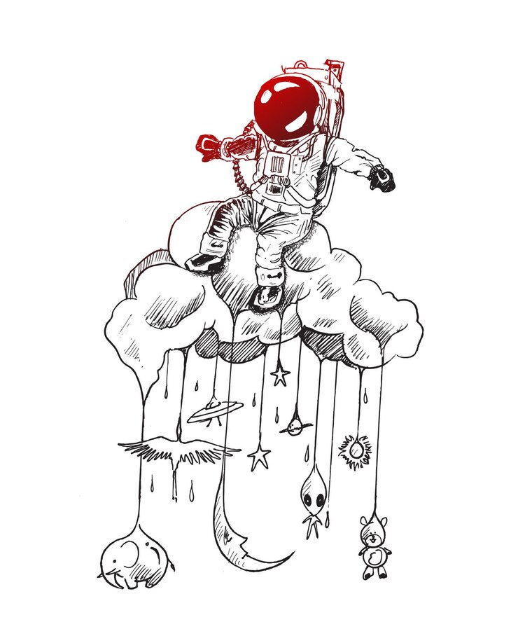 Bezpłatny plik Wektor astronauci siedzący w przestrzeni w chmurze z doddles