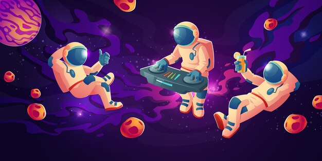 Astronauta dj z gramofonem w otwartej przestrzeni