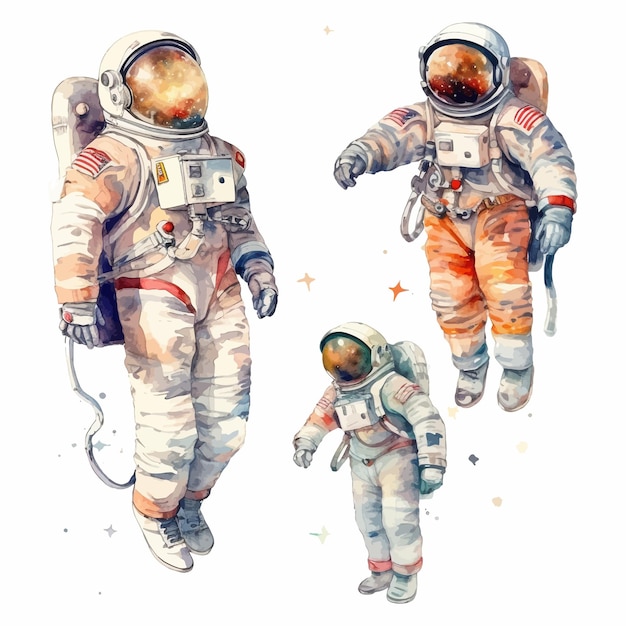 Bezpłatny wektor astronauta i przestrzeń akwarela clipart ustaw białe tło