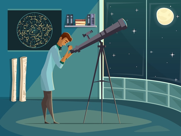Bezpłatny wektor astronom naukowiec obserwując księżyc w nocne niebo przez otwarte okno