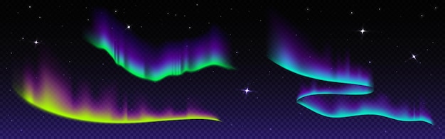 Bezpłatny wektor aurora borealis i gwiazdy na nocnym niebie wektor realistyczna ilustracja efektów światła polarnego z zielonym, żółtym i niebieskim gradientem kolorów światło gwiazd błyszczące w ciemności zjawisko naturalne na biegunie północnym