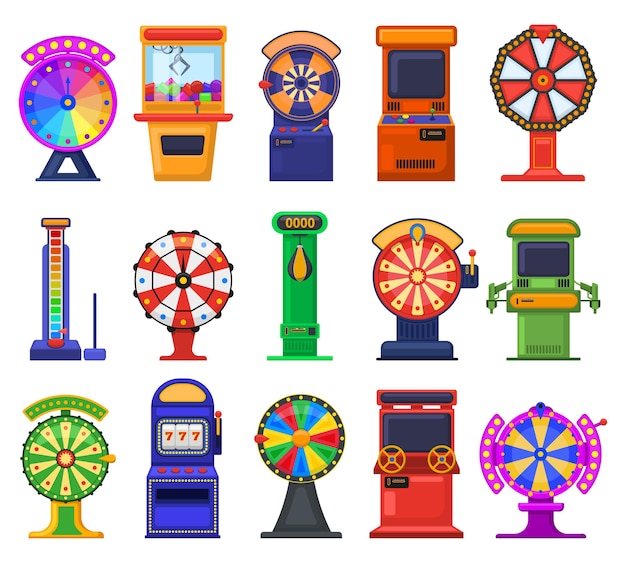 Automaty do gier hazardowych. zręcznościowe gry wideo, automaty do gier hazardowych w kasynie i zestaw ilustracji wektorowych rozrywki. retro automaty do gier. rozrywka i gry hazardowe, kontroler gier wideo