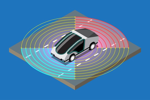 Bezpłatny wektor autonomiczny inteligentny samochód automatyczny bezprzewodowy czujnik poruszający się po drodze wokół samochodu autonomiczny inteligentny samochód jedzie skanuje drogi obserwuje odległość i automatyczny system hamowania