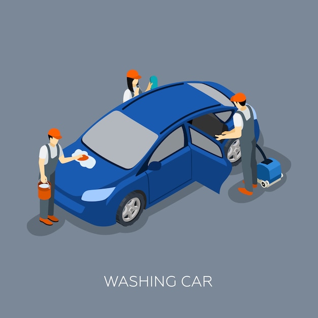 Bezpłatny wektor autoservice team washing car isometric banner