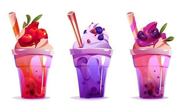 Bezpłatny wektor bąbelkowa herbata mleczna napój wektor kubek soku ilustracja kreskówka lód boba cukier milkshake deser clipart dla tajwańskiego menu azjatyckiego pyszne owoce słodkie bubbletea ze słomką śmietanka tapioka w plastikowym zestawie