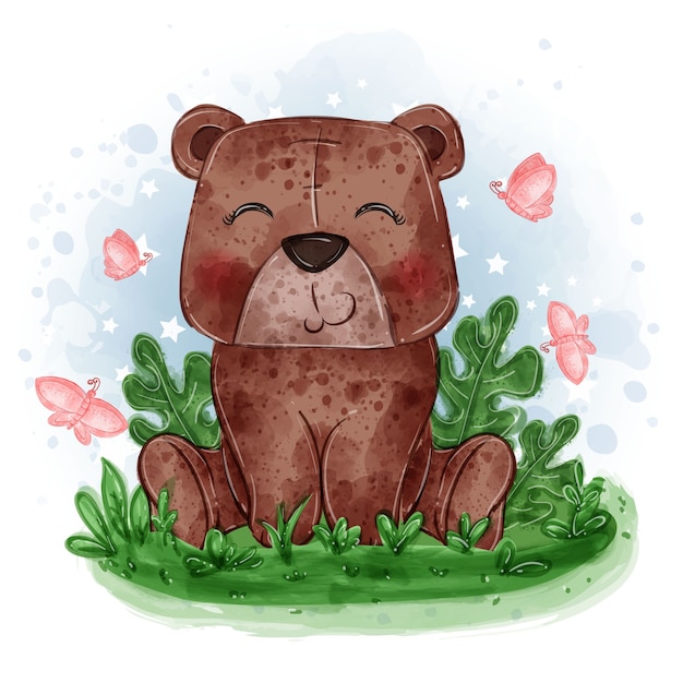 Bezpłatny wektor baby bear cute illustration usiąść na trawie z motylem