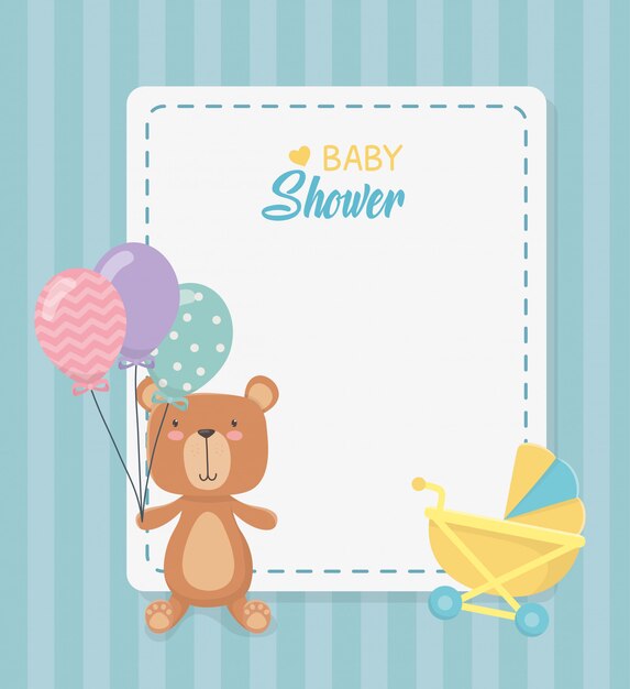 Baby shower kwadratowa karta z małym misiem misiem i balonami hel