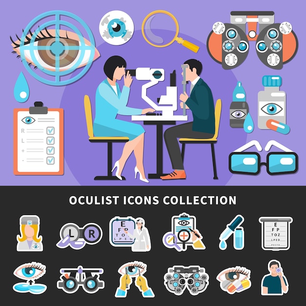 Bezpłatny wektor badanie wzroku okulisty 2 kolorowe banery centrum okulistyki z badaniem wzroku i ilustracjami kolekcji ikon okulisty