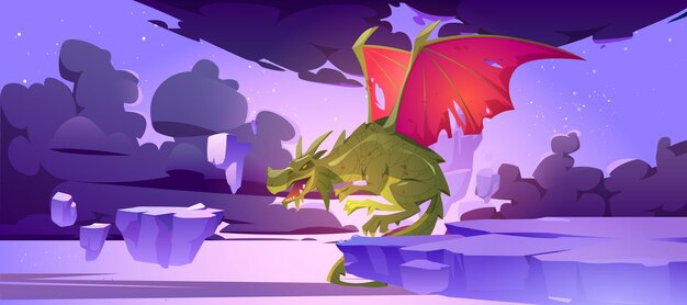 Bajkowy smok na niebie z latającymi wyspami skalnymi, czarnymi chmurami i gwiazdami. Wektor fantasy ilustracja kreskówka straszny potwór z mitologii średniowiecznej, magiczna bestia z czerwonymi skrzydłami