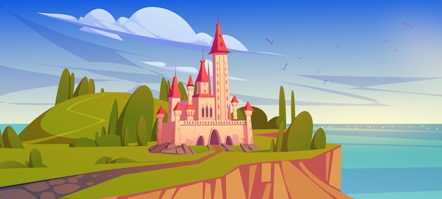 Bezpłatny wektor bajkowy zamek na wyspie na morzu wektor kreskówka lato śródziemnomorski krajobraz z brzegiem morza zielone wzgórza z drzewami i pałacem królewskim średniowieczny zamek z wieżami