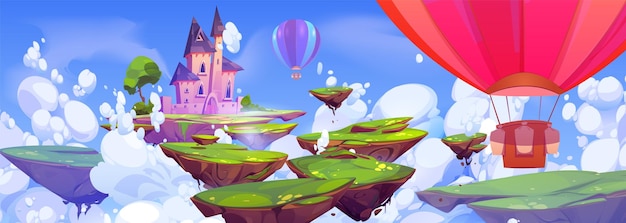 Bezpłatny wektor balon na ogrzane powietrze lecący do magicznego zamku kreskówka w tle piękny pałac królowej fantasy na ścieżce pływającej skały wyspy, aby wskoczyć w niebo do różowej rezydencji tapety