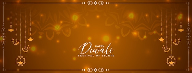 Bezpłatny wektor baner festiwalu happy diwali indian z dekoracyjnymi lampami wiszącymi