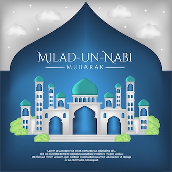 Baner miesiąca urodzenia proroka z tłem ilustracji meczetu