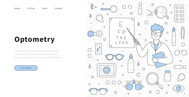 Bezpłatny wektor baner optometrii z lekarzem okulistą w okularach z wykresem badania oka wektorowa strona docelowa okulistyki medycznej z ręcznie rysowane ilustracja człowieka okulisty krople pigułki i soczewki