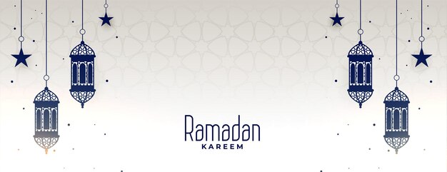 Baner ramadan kareem z wiszącą lampą i gwiazdami