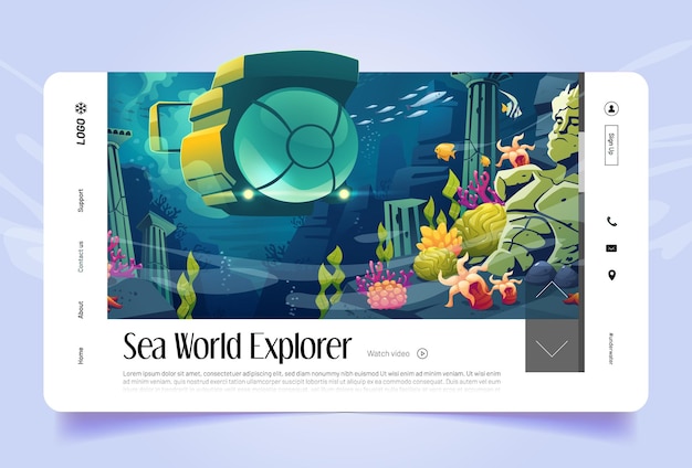 Bezpłatny wektor baner strony docelowej kreskówki odkrywcy świata morskiego