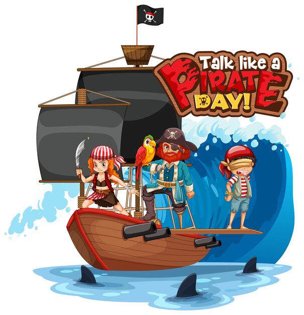 Bezpłatny wektor baner z czcionką talk like a pirate day z piracką postacią z kreskówek