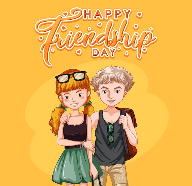 Bezpłatny wektor baner z logo happy friendship day z dwoma nastolatkami