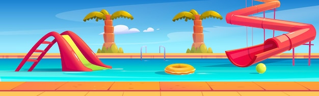 baner z parkiem wodnym z basenem, zjeżdżalniami i palmami
