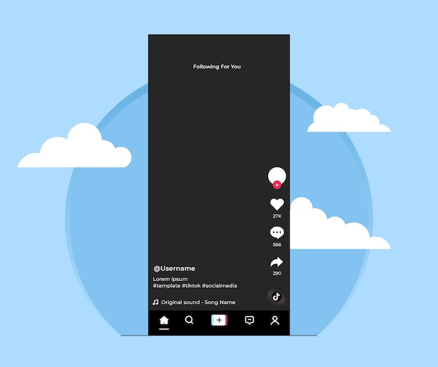 Bezpłatny wektor baner z szablonem tiktok na niebieskim tle z chmurami