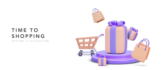 Baner zakupy online z prezentem na platformie i koszyk z torbą na zakupy na białym tle Ilustracja wektorowa