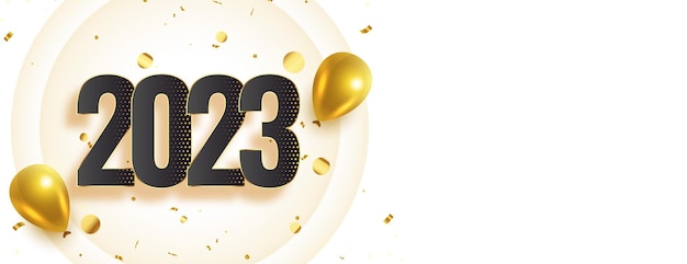 Bezpłatny wektor baner życzeń nowego roku 2023 z balonem i konfetti