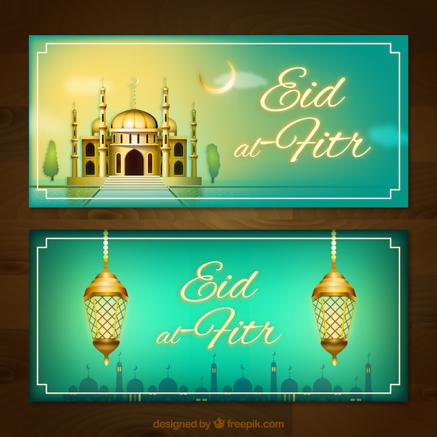 Bezpłatny wektor banery eid al fitr z meczetu i lampek