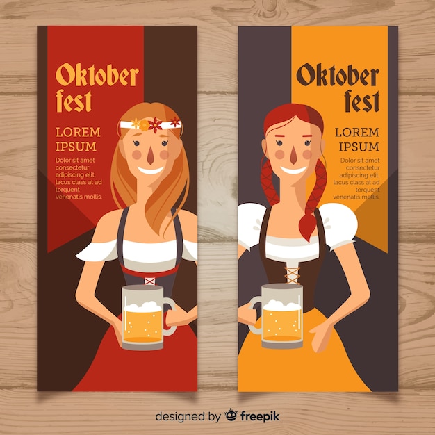 Bezpłatny wektor banery oktoberfest z kobietami gospodarstwa piwa