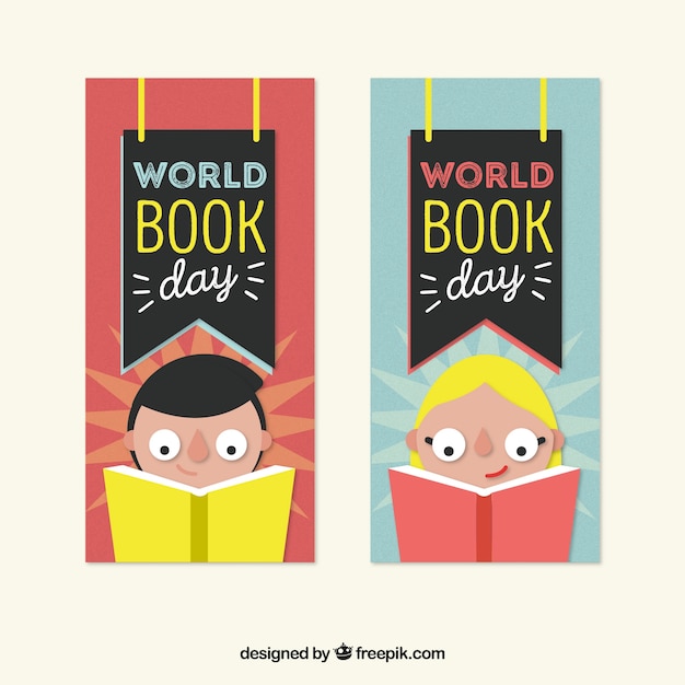 Bezpłatny wektor banery skoncentrowanych dzieci czytanie książki na świecie dzień