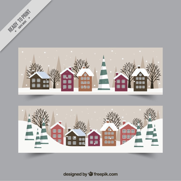 Bezpłatny wektor banery zimowy krajobraz z domów w płaskiej konstrukcji