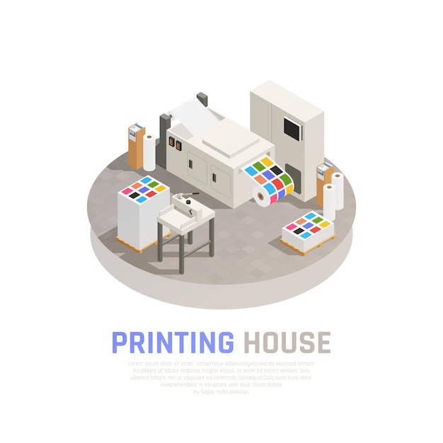 Bezpłatny wektor barwiony i odosobniony drukowego domu poligrafii isometric skład z monochromatyczną koloru drukowego pokoju wektoru ilustracją